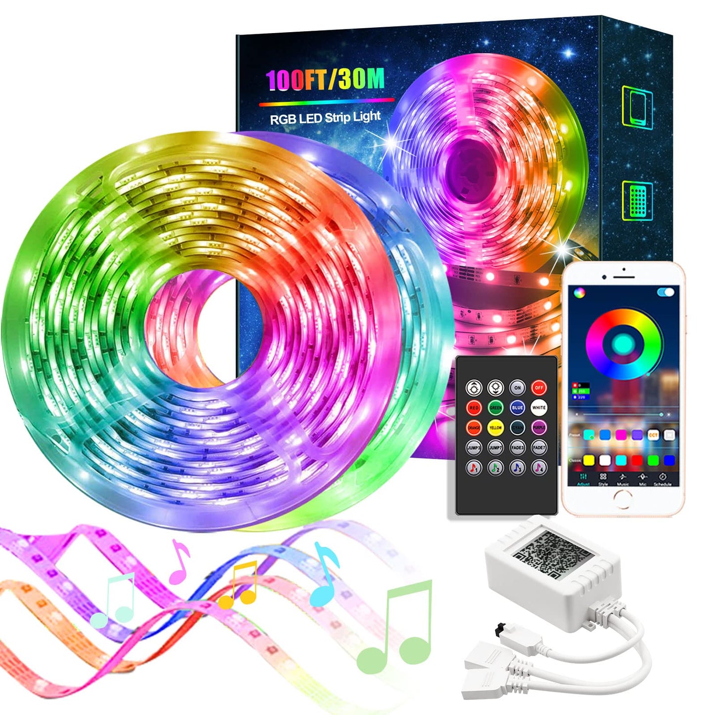 SmartGlow LED Strip 100ft RGB with App & Music Sync
