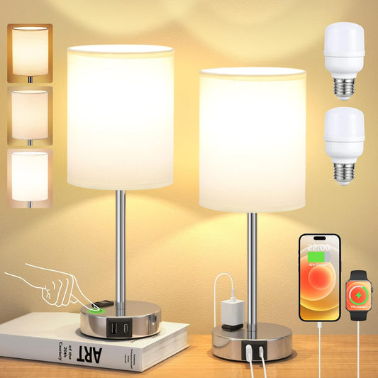 DuoTouch Lamps 3-Way Dimmable Set with USB & Outlets