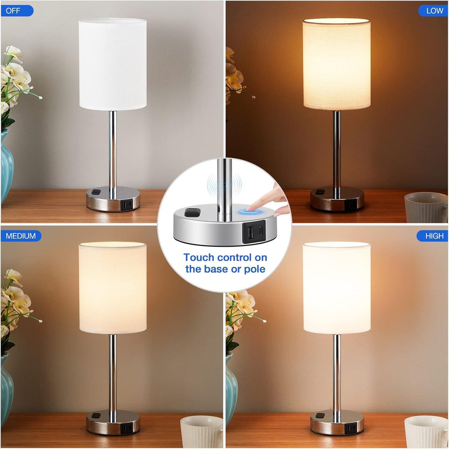 DuoTouch Lamps 3-Way Dimmable Set with USB & Outlets