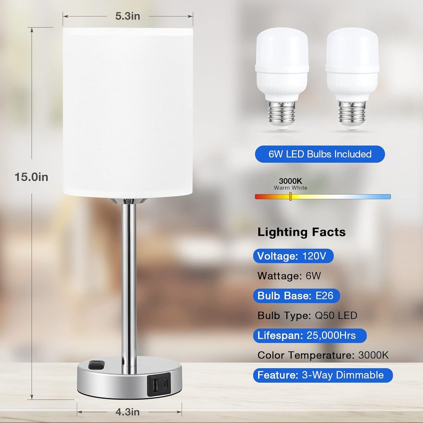 DuoTouch Lamps 3-Way Dimmable Set with USB & Outlets